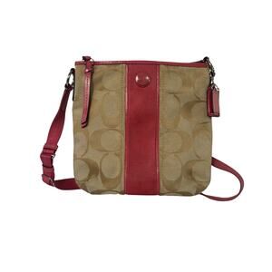 Coach Signature Stripe Duffle Crossbody Bag Khaki Jacquard Pink Patent Leather